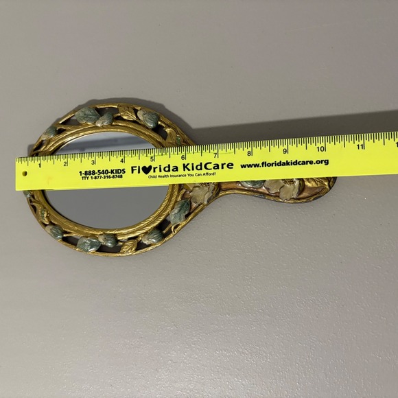 Vintage Ornate Hand Mirror Floral Art Nouveau Gilt Metal Vanity Decor - Picture 3 of 9